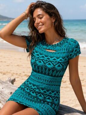🌷SNAP🌷 Y2K Green Black Geometric Print Peephole Cutout Mini Dress